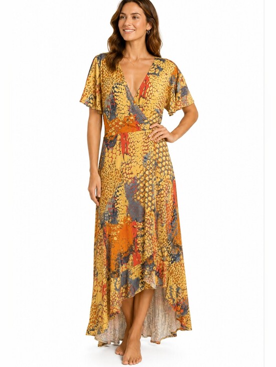 VENUS Dresses & Skirts - VENUS Multi Animal Print Ruffle Hi Low Maxi Dress Slit Sleeves Medium